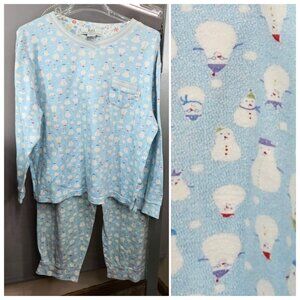 Women Flannel Pajamas PJs Karen Neuburger L Cotton Blend Snowman Blue White 2 Pc